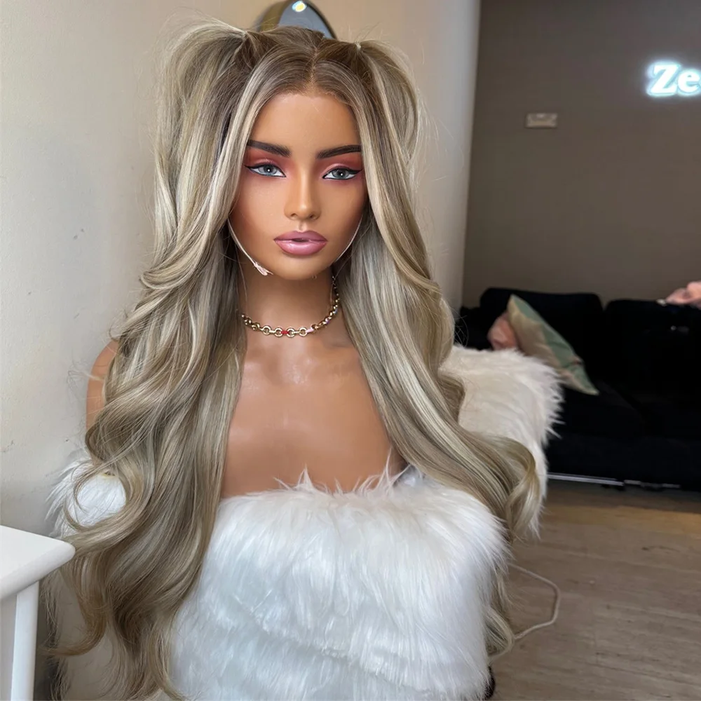 

28″ Perfect Blonde Balayage Lace Wig 13x4 HD Glueless Lace Front Wigs Light Brown Roots Highlight Synthetic Long Wavy Fibre