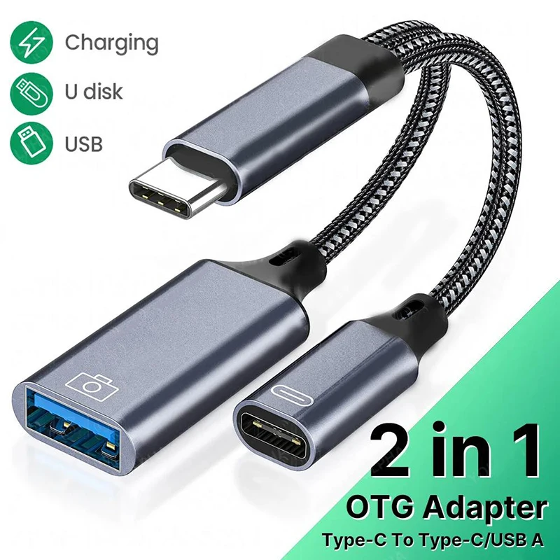 2 In 1 Type C to USB A OTG Cable Phone Adapter With PD Port Charging Cord For iPhone 15 Pro Mac iPad Huawei Xiaomi Laptop Tablet