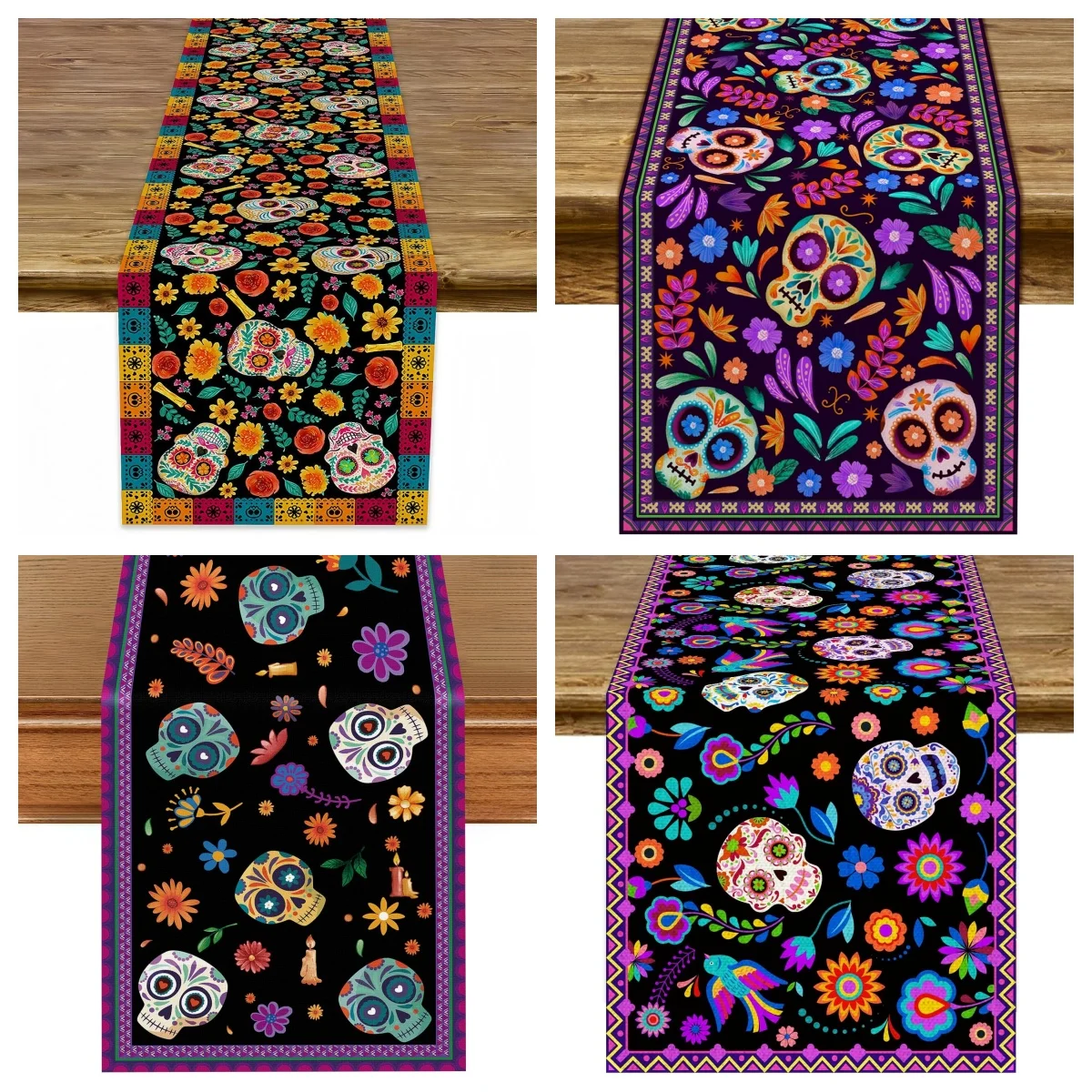 

Mexican Day of the Dead Sugar Skull Floral Table Runner Party Kitchen Sideboard Dresser Fiesta Holiday Home Ornament