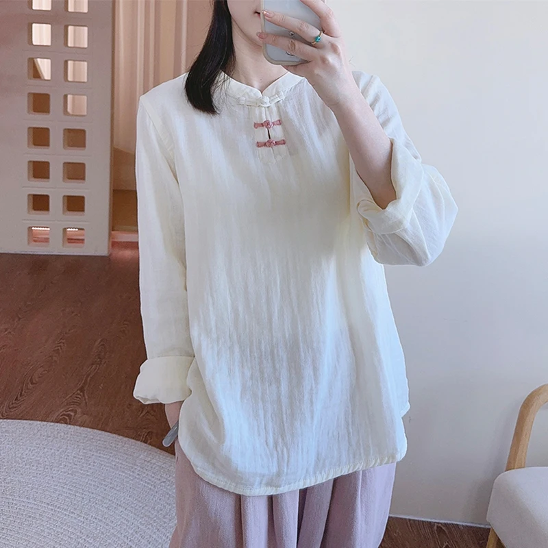 

Осень 2023, двухслойная хлопковая повседневная длинная блузка с воротником-стойкой, женская длинная блузка irt в китайском стиле, топ в национальном стиле