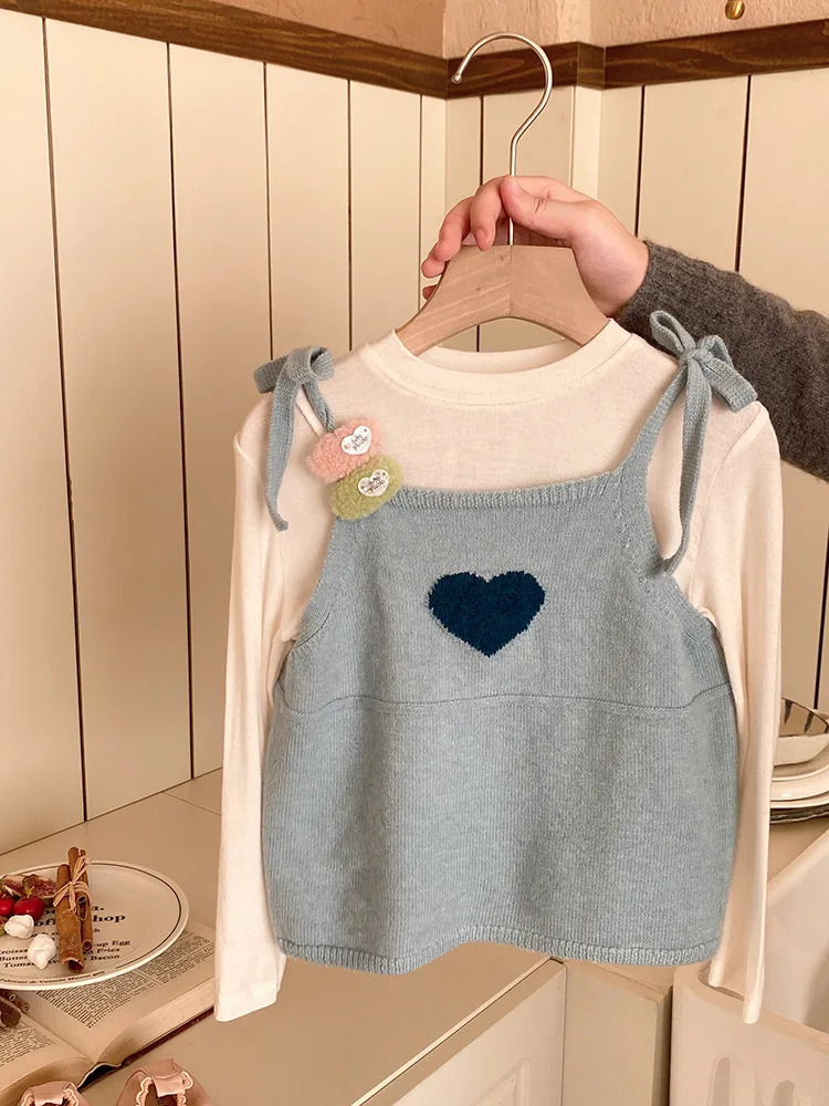 Girls Cartoon Letter Top Heart Strap2025Spring New Patchwork Lace Embroidery Bowknot Jeans