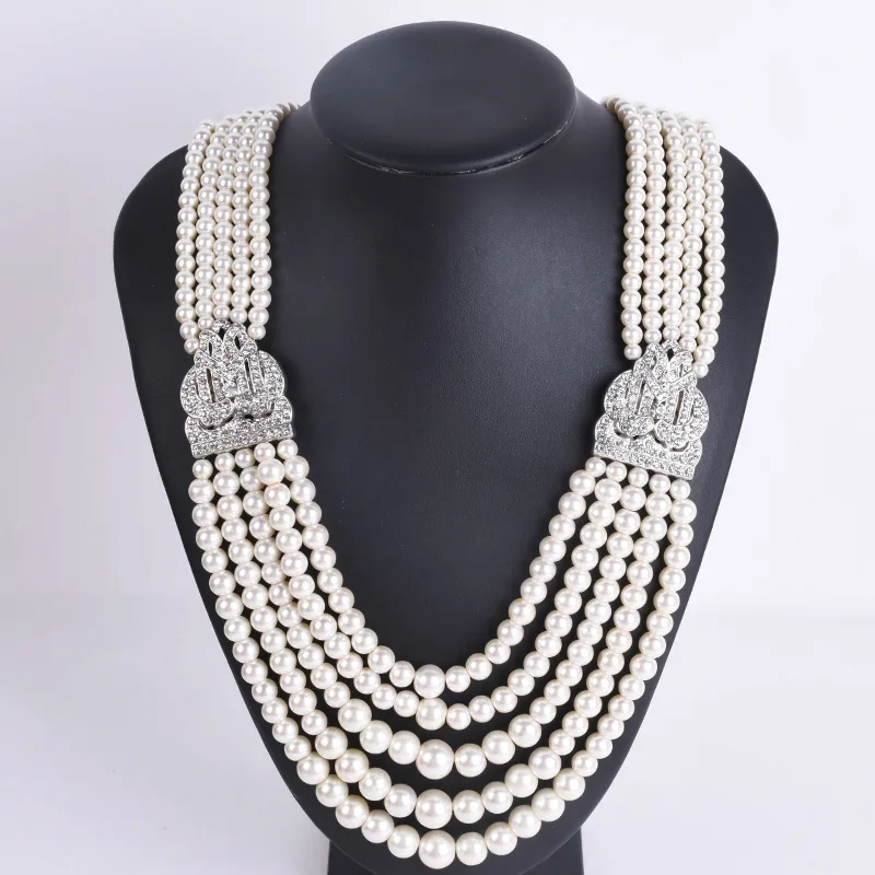 European and American 6-10mm Luxury Coral Multi-layer Pearl Necklace, Bridal Wedding Temperament Clothing Accessories
