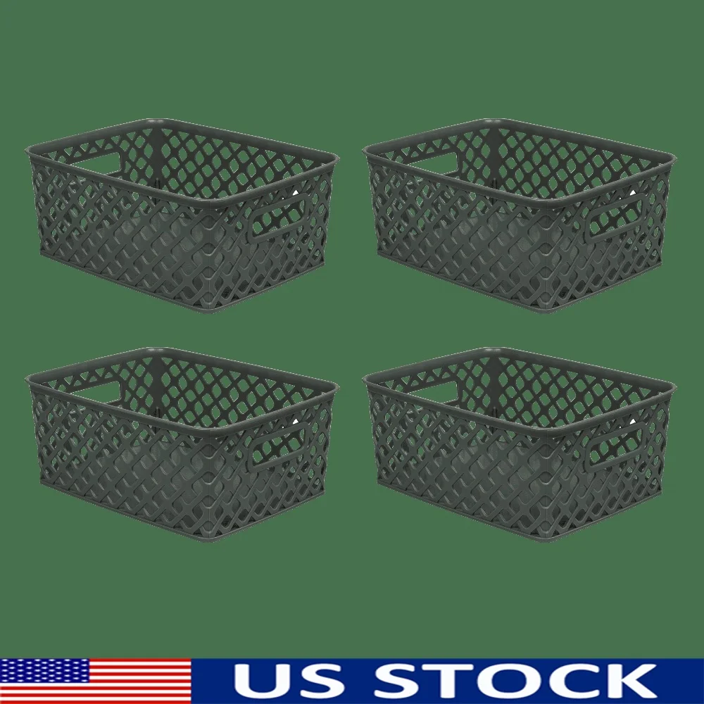 

Набор корзин для хранения из 4 декоративных пластиковых корзин с вырезанными ручками, сетчатый дизайн, органайзер для игрушек, кухни, гаража, кладовой