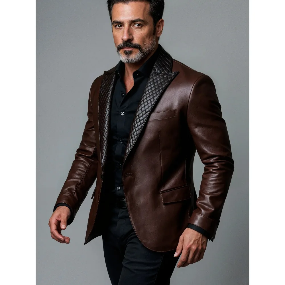 

Мужской пиджак из искусственной кожи, однобортный пиджак с лацканами и длинными рукавами, деловая офисная куртка, осенний повседневный костюм, пальто