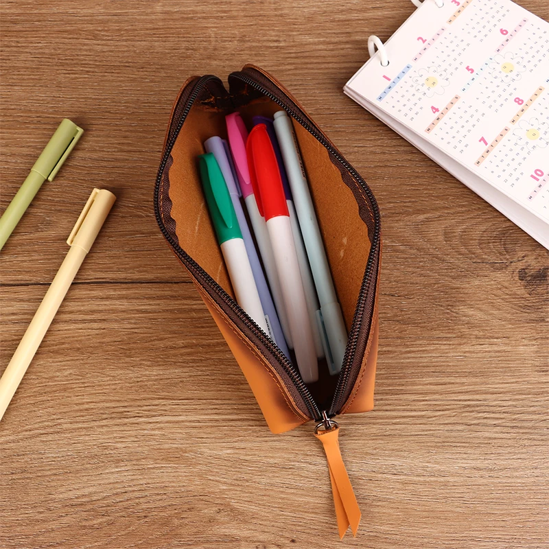 Arc Zipper Pen Pouch Dirt-resistant Leather Waterproof Stationery Case Simple Leisure Stationery Storage And Organization Bag