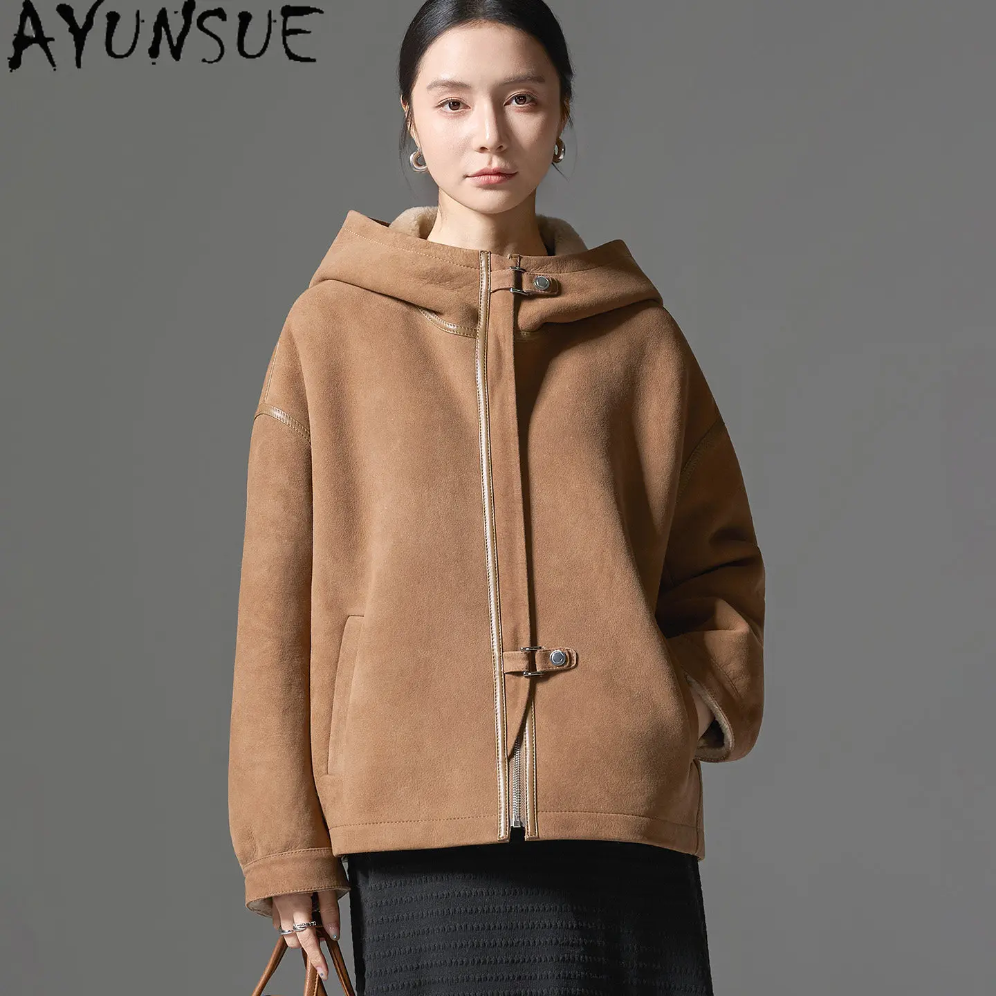 AYUNSUE Natural Sheep Fur Coats Woman Warm Velvet Real Fur Coat Women Winter Jacket Fashion Hoodie Loose Clothes Пальто Женское