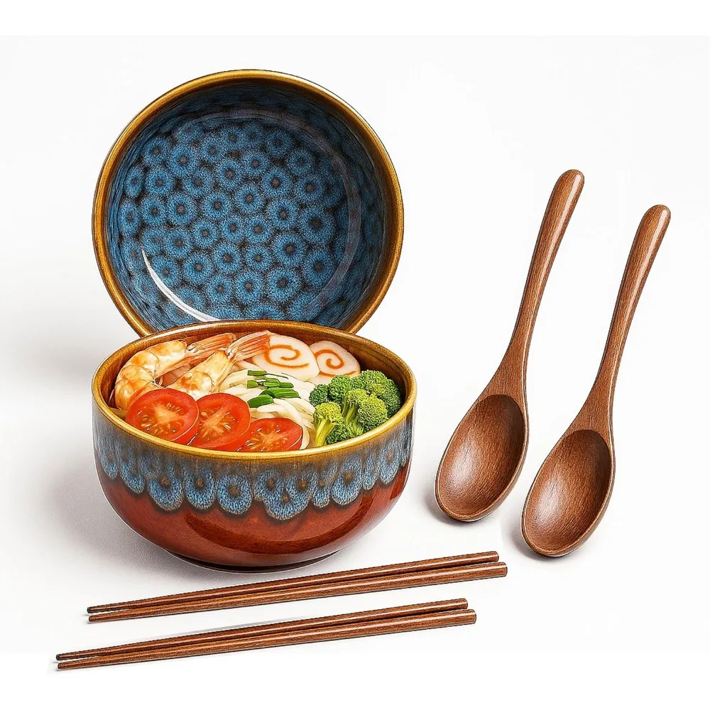 

2 X Ceramic Japanese Ramen Bowl Sets, 38 oz Large Soup Bowl, Pho Bowl with Spoon and Chopsticks, Suitable as Cereal Dessert Soup