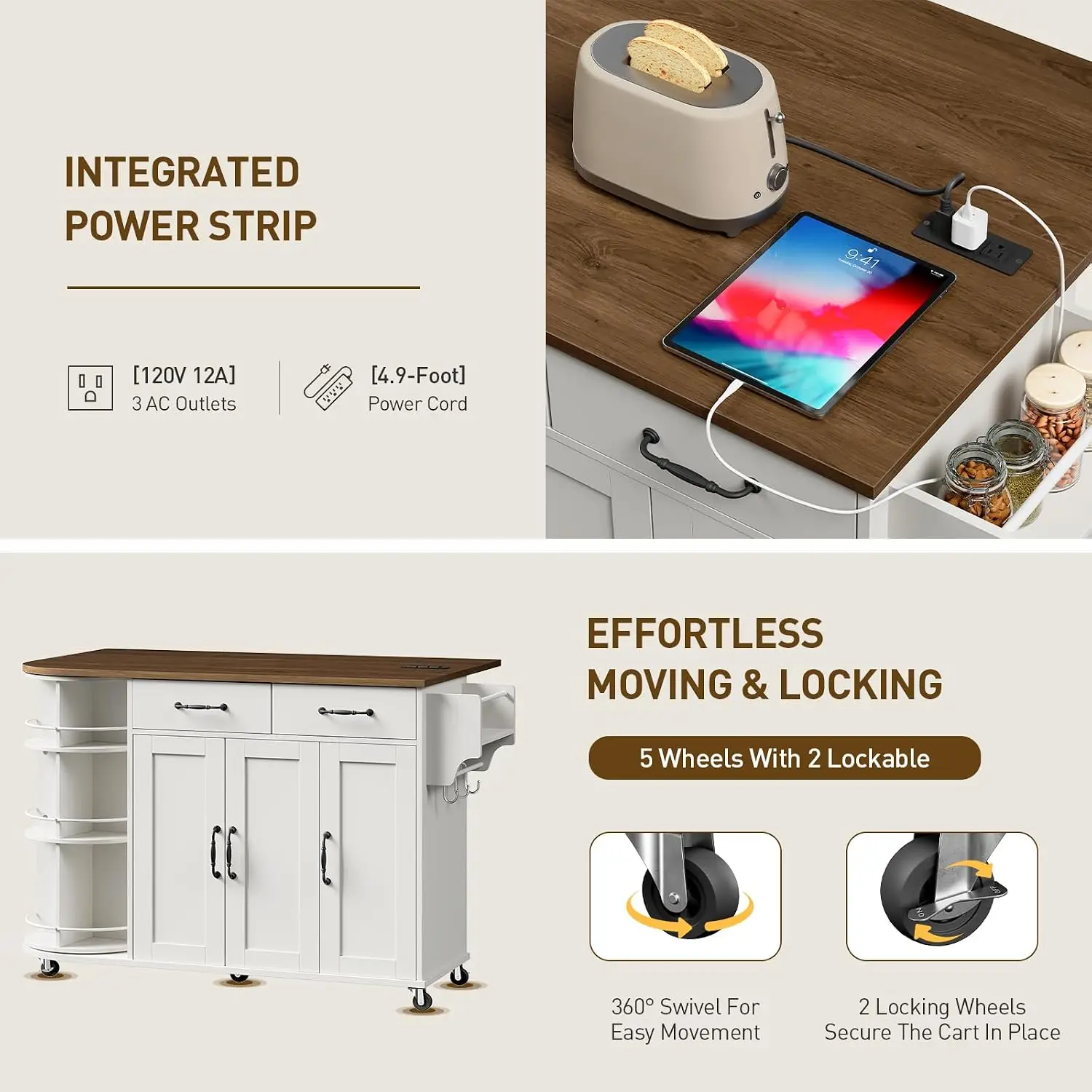 Kitchen Island Power Outlet Drop Leaf Rolling Rotating Organizer Storage Cabinet Mobile Table White Walnut, Customized