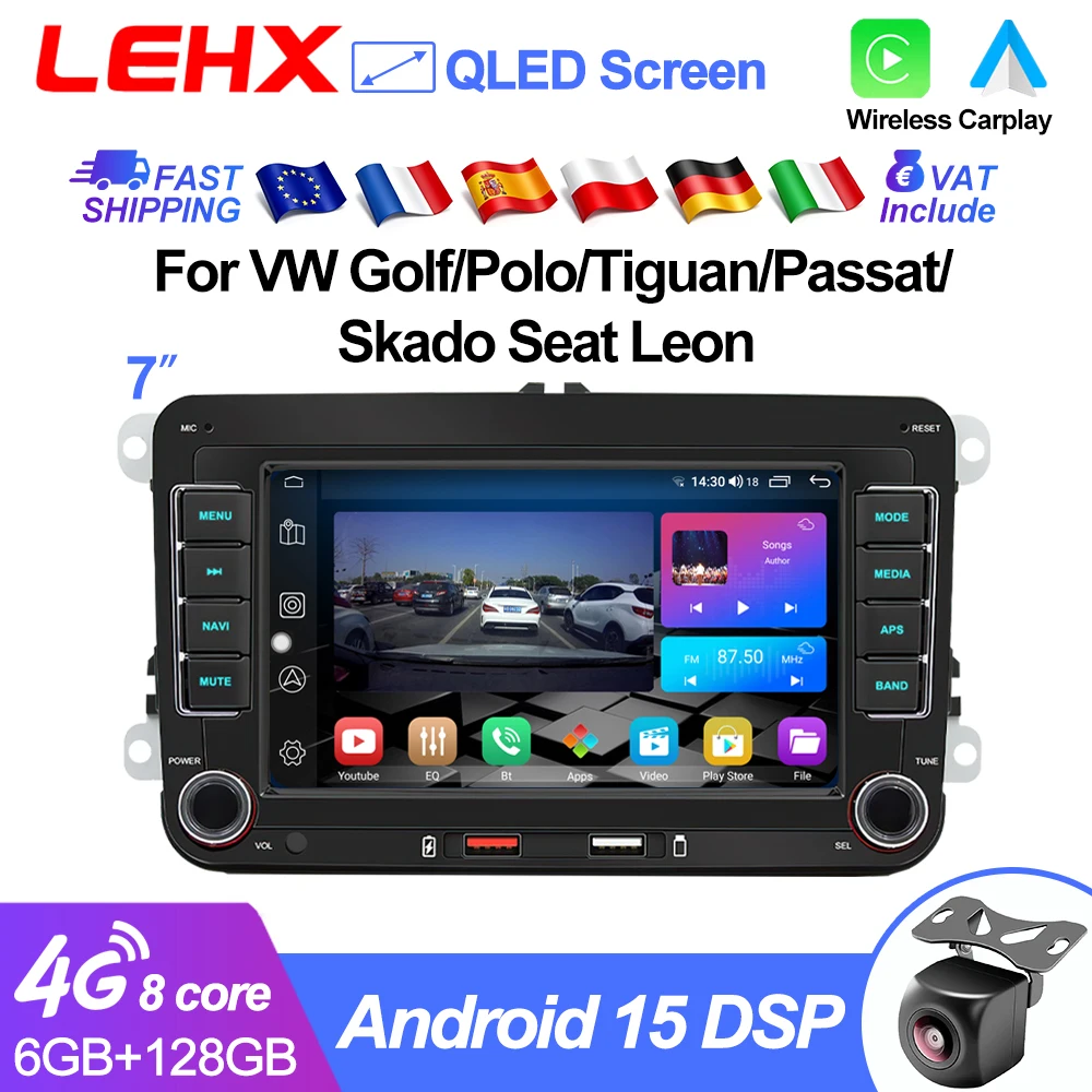 LEHX 7 "Autoradio Android CarPlay sans fil pour Volkswagen VW Passat B6 B7 T5 Tiguan Touran GOLF POLO Autoradio Audio stéréo