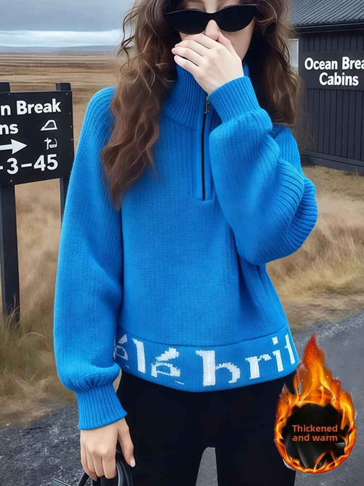 

Klein Blue Long Sve Knitted Sweater Women's f Zip Inner Wear Vintage Sle Slim Fit Medium Softn Faionable Anti-Aging