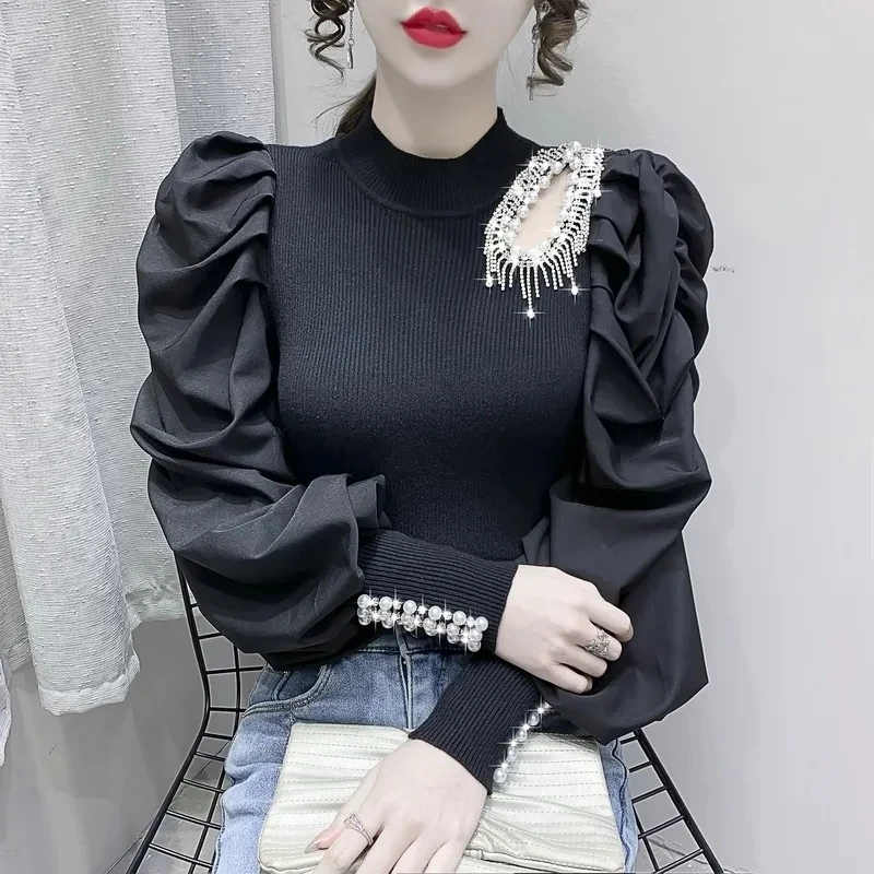 Lantern Sleeve Spliced Knit Sweater  Pullover Women 2024 New Sweet Heavy Industry Nail Beads Hollow out Soft Bottoming Shirt