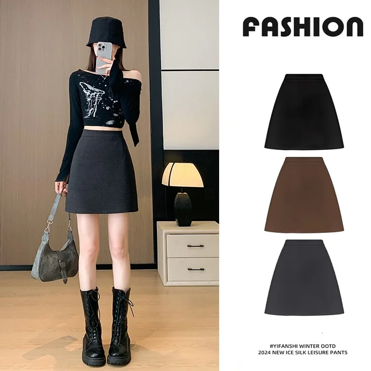 Woolen Skirt Female Short Bag Hip Skirt High Waist Thin A-line Zipper Skirt Spice Skirt For Women Jupe Femme Short Falda Mujer