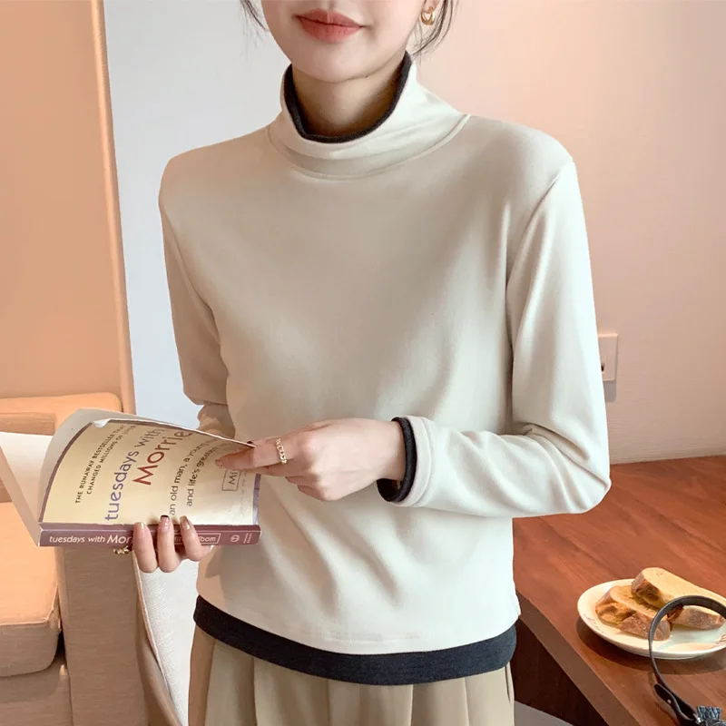 New Season Women's Long Sleeve T-Shirt False Layered Look Patchwork  Color Block Design High Neck Base Layer Top