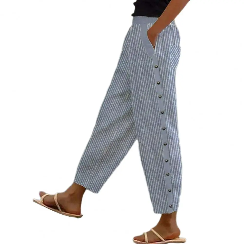 Pantaloni lunghi da donna pantaloni a gamba dritta pantaloni con stampa a righe con tasche con bottoni laterali in vita elastica per le donne per l'estate