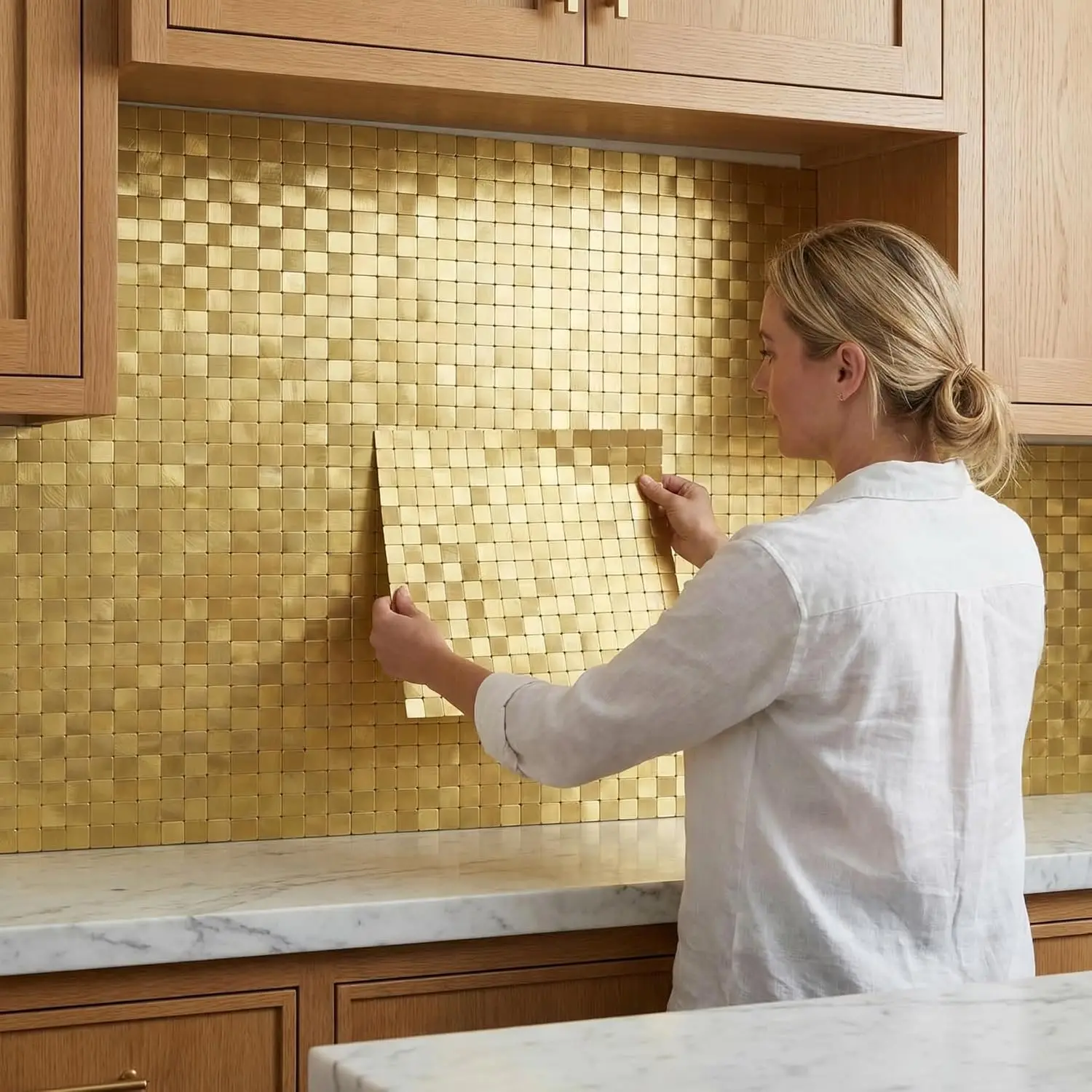 Self Adhesive Metal Mosaic Tile Sticker, European Irregular 9 Grid Waterproof Wall Decal, Kitchen Bathroom Anti Damp Decorative