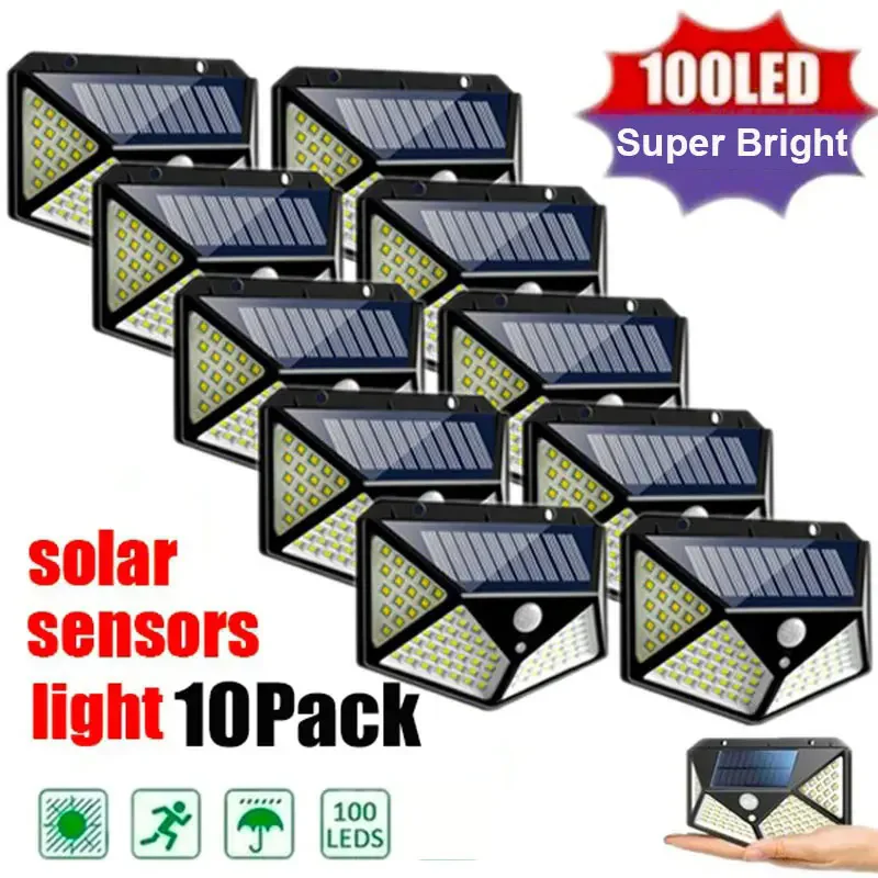 10 Pack Solar Lights Outdoor 100LED Wall Lamp Motion Sensor Security Lights 270° Lighting Angle Bright for Backyard Garden Patio