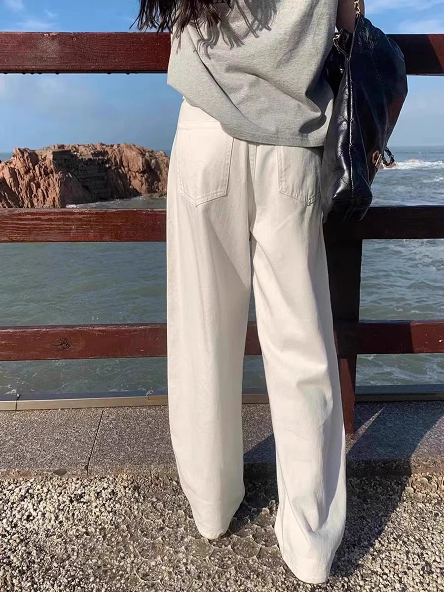 Vaqueros blancos de pierna ancha para mujer primavera otoño nuevo de talla grande Pear ape cintura alta pantalones de tubo rectos ajustados sueltos Casual Sle