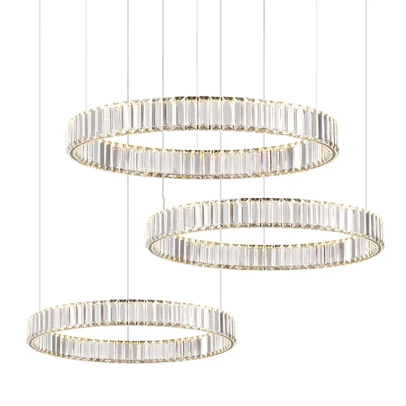 Silver Golden Stainless Steel Crystal Lucky Ring Lustre LED Chandelier Lighting Suspension Luminaire Lampen For Dinning Room
