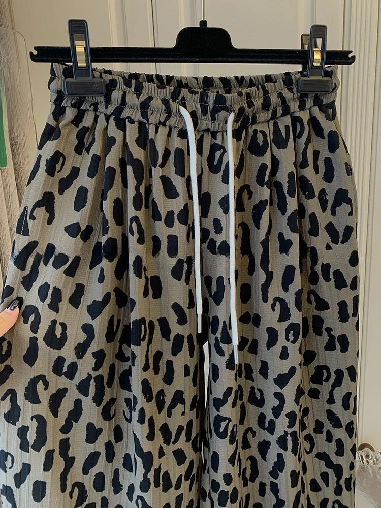 Pantalones Vintage De cintura alta para Mujer, calzas delgadas y holgadas informales con cordón De dibujo De leopardo, ropa De estilo perezoso que combina con todo, verano