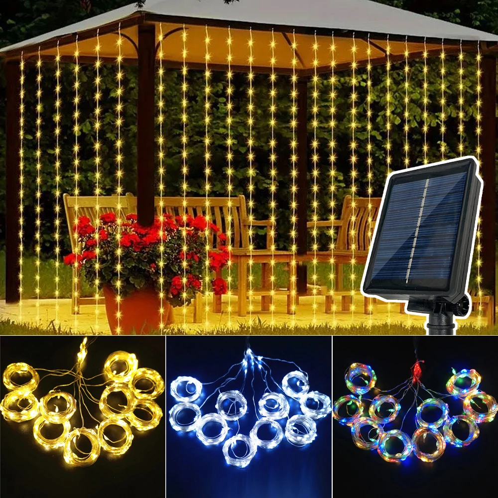 Cortina de luz LED Solar para exteriores, guirnalda de luces para decoración de patio, Navidad, boda, fiesta, guirnalda de hadas, 8 modos