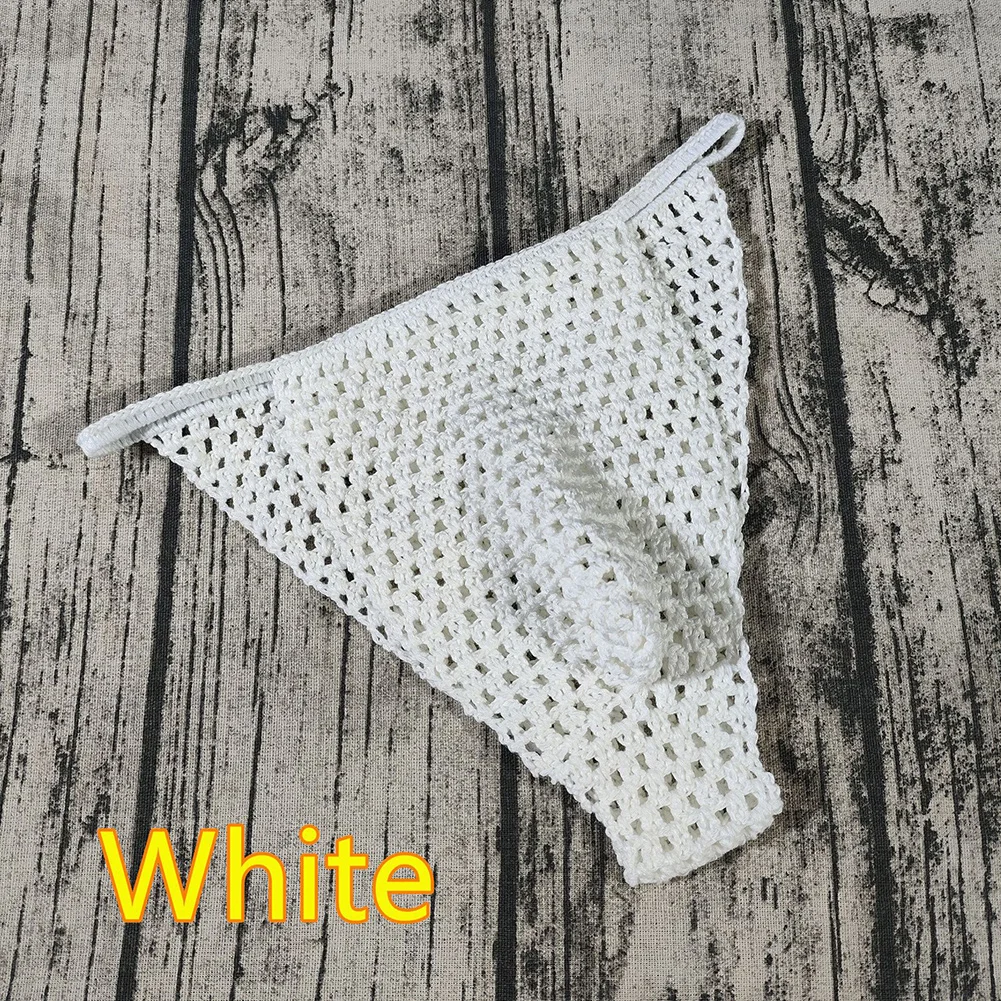 1pc Solid Color Men Breathable Low Rise Underwear Hand Crochet Briefs G-strings Sunbathing Swimwear Man Swim Shorts