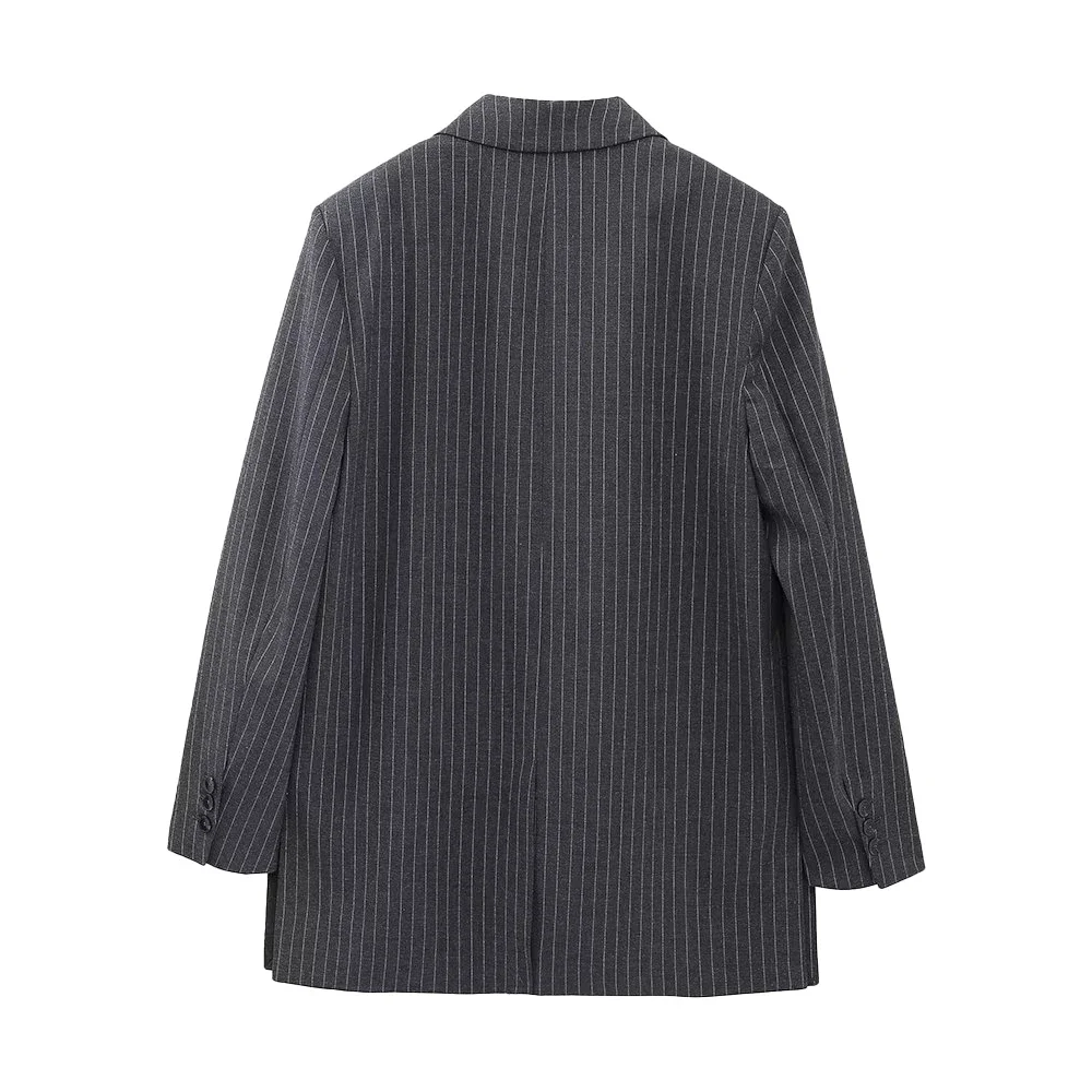 Women Fashion Front Button Pinstripe Blazer Coat Vintage Long Sleeve Flap Pockets Female Outerwear Chic Vestes Femmes