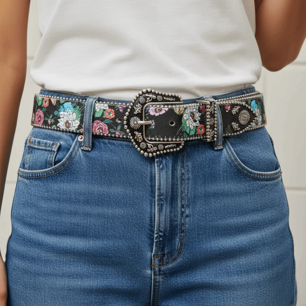 Adjustable Flower Floral Belt Korean Style Printed PU Leather Waistband Jeans Trouser Decor Dress Decor Retro Waistband Daily