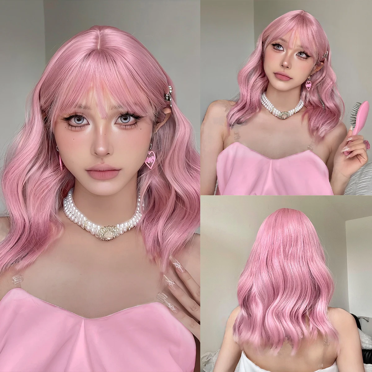 

Short Wavy Pink Cosplay Lolita Bob Wig Synthetic Hair Wigs with Fluffy Bangs Curly Bob Fake hair for Women Girls Daily Party Use