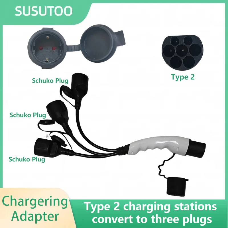 Three heads Portable 220V Type 2 Male Plug to Schuko Socket EU Plug EV Charging Adapter For EV Charger EV Connector