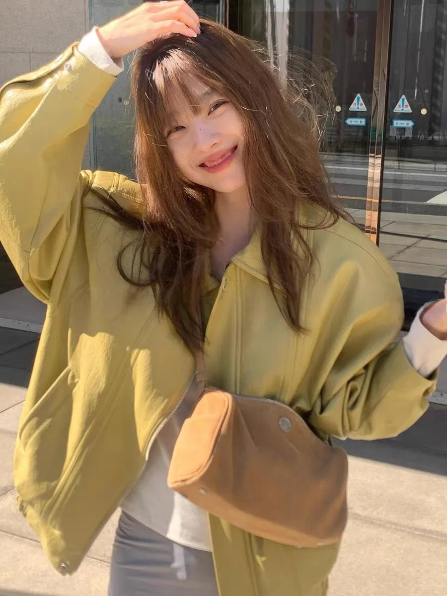 Loose Fit Pure Color Flip Collar Leather Jacket for Women Spring Summer New Arrival UmOvrdflir Stylish Casual PU Leather Coat