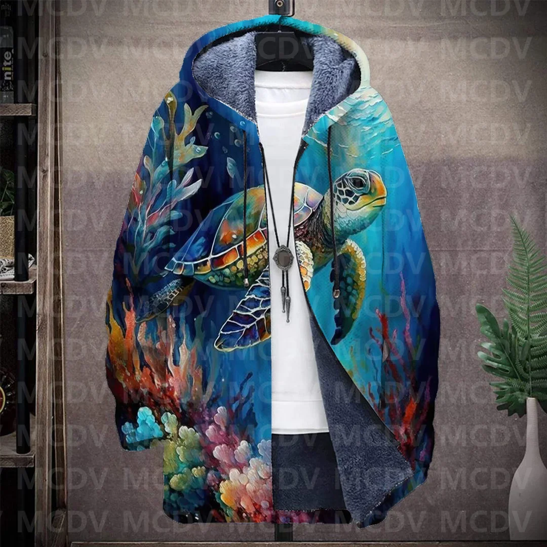 Men's Retro Print Plush Thick Long-Sleeved Coat Cardigan Sea Turtle 3D Prined Fleece Hooded Overcoat Unisex Thick Warm Jacket