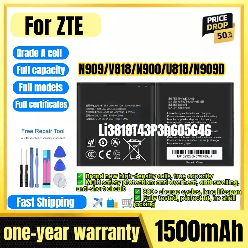 Li3818T43P3h605646 for ZTE N909/V818/N900/U818/N909D Phone Battery 0 Cycle High Capacity Battery Replacement Bateria with Tools