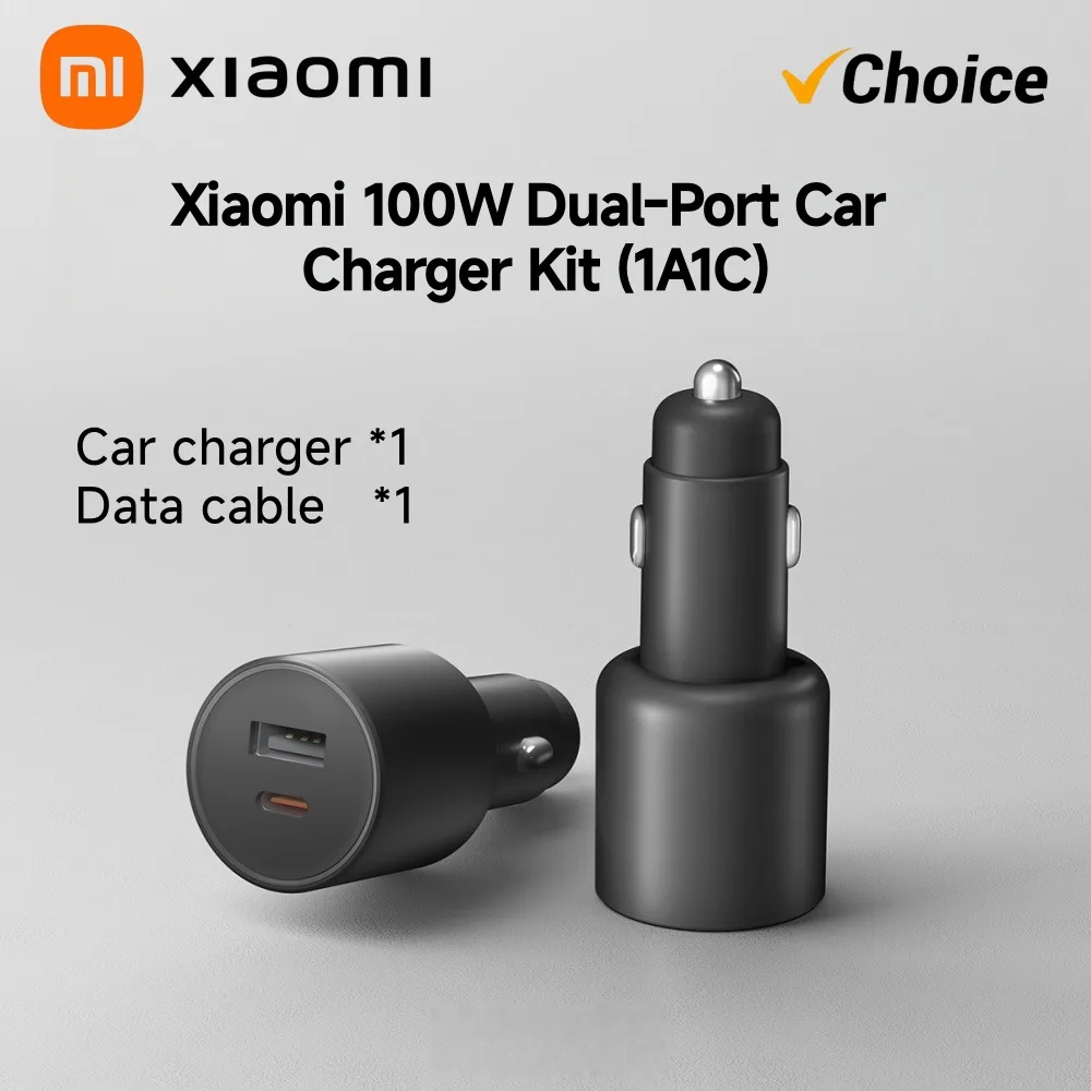 Xiaomi 100W Max 1A1C Dual Port Car Charger Fast Charge USB-A USB-C LED Light Indicator Universal Smart Phone Device Charger Kit