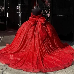 Real Picture Luxury Red Glitter Quincenara Dresses Off The Shoulder Bow Sweet 16 14 Birthday Party Prom Gown Vestidos De XV Años