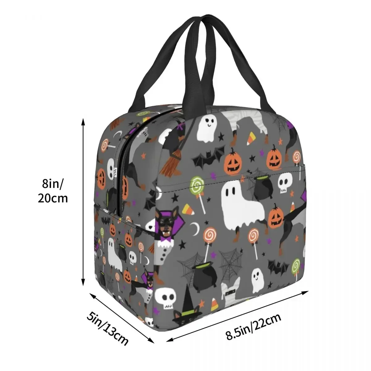 Bolsa de almuerzo para perros de Halloween Doberman Pinscher en miniatura, bolsa térmica con aislamiento impermeable, bolsa térmica de Picnic para alimentos fríos para mujeres y niños