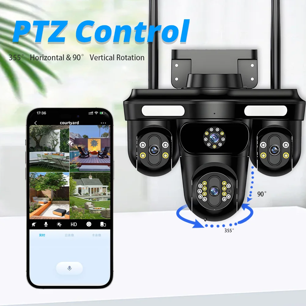 8K 4-Lens Outdoor PTZ Two Way Audio CCTV Security Camera16MP with AI Tracking IP66 Waterproof WiFi Cloud Storage for FFvideo