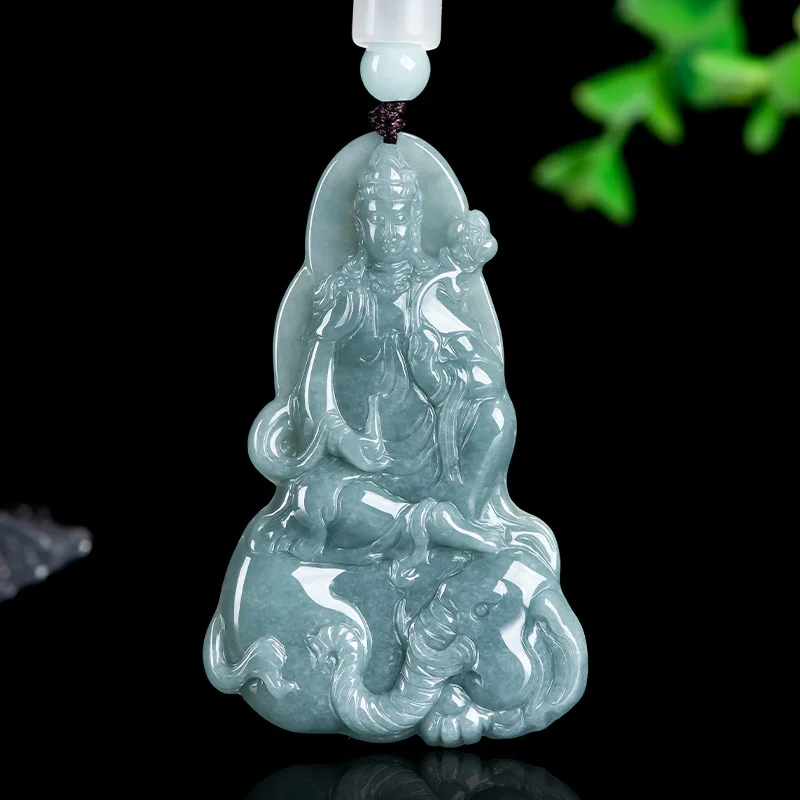 Natural A-grade Jadeite Blue Water Bodhisattva Samantabhadra Guanyin Jade Pendant Zodiac Sign Dragon Snake Guardian Deity Charms