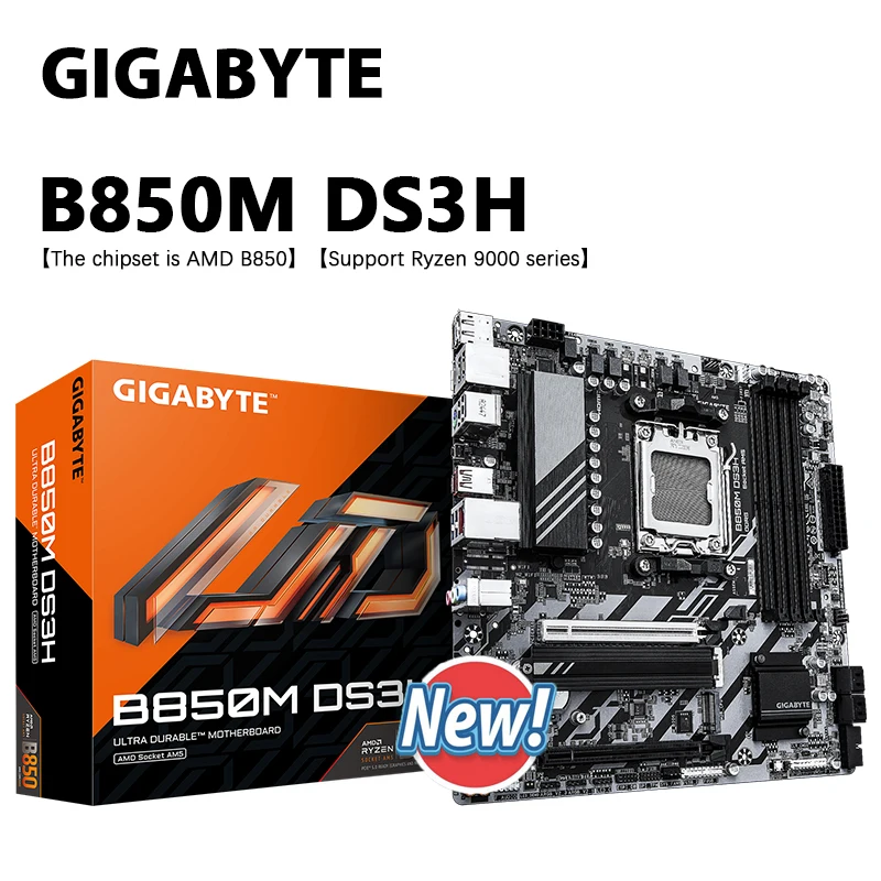 GIGABYTE B850M DS3H 8 + 2 + 2 مصدر طاقة Micro-ATX AMD B850 DDR5 192GB 8200 (OC) MHz M.2 مقبس AM5 لوحة أم جديدة