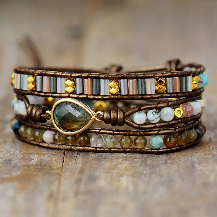 Cross-border explosion, elongated stone drop-shaped winding bracelet, stone hand-woven 3-layer leather chain fashion jewelry