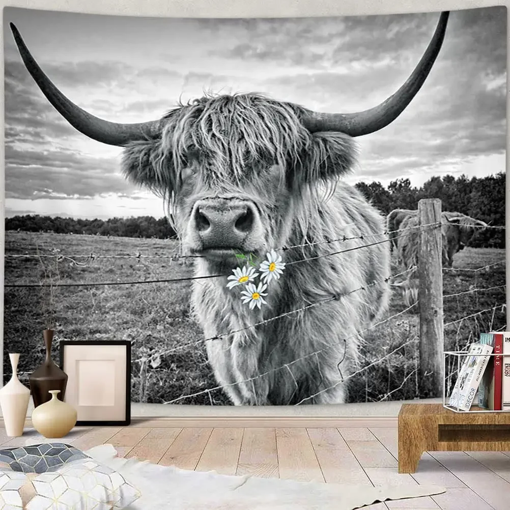 Cow Tapestry,Funny Highland Wall Art Tapestries,Western Country Animal Rustic Bull Cattle Farmhouse Decor Tapestry Wall Hanging