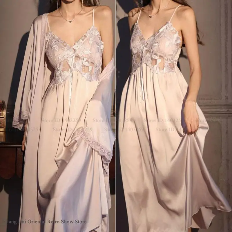 2PC Elegant Female Long Robe Set Nightgown Silky Ice Silk Sleepwear Homewear SEXY Hollow Out Lace Nightdress Lingerie Loungewear