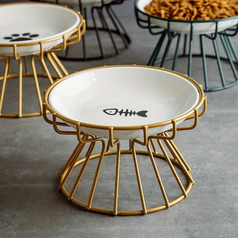 طقم مكون من قطعتين (رف واحد + وعاء قطعة واحدة) وعاء قطط من السيراميك عالي الارتفاع، سهل التنظيف قطعة واحدة من وعاء طعام القطط المرتفع من السيراميك - وعاء الحيوانات الأليفة المضاد للانسكاب