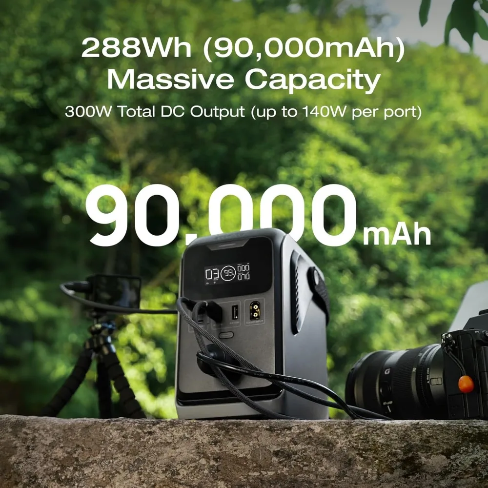 portable 300w power station with 30w usb-c charger, 288wh lifepo4 battery, solar-capable generator for camping and travel