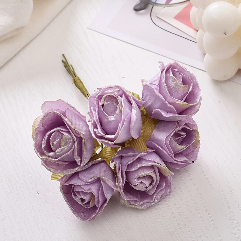 6pcs artificial flower 4cm silk bright pink rose bouquet for wedding home decoration DIY wreath gift box scrapbook fake flower