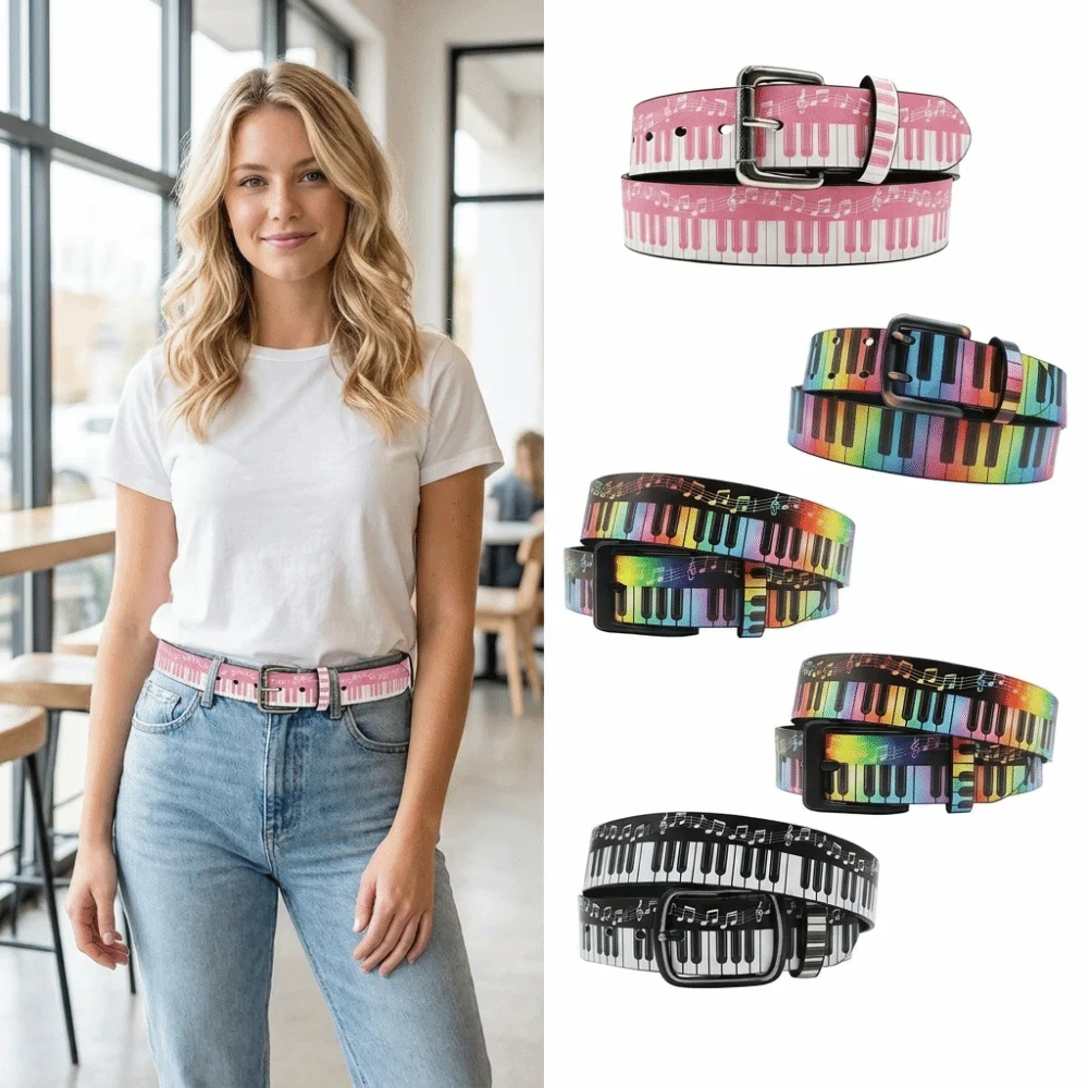 Musical Note Pattern Piano Keyboard Print Belt Luxury Design Casual PU Waist Belt Trendy Brand Jeans Pants Belt