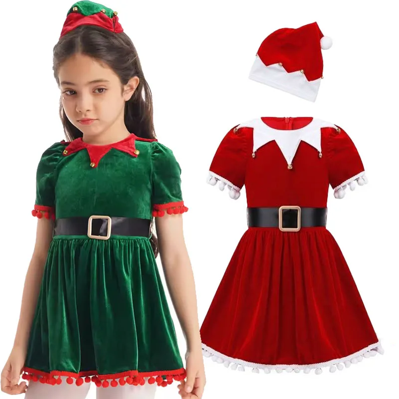 

Kids Christmas Elf Costume Red Green Velvet Short Ruffled Sleeves Dress Girl Xmas Party Santa Claus Cosplay Outfit with Belt Hat