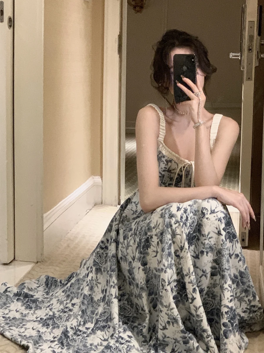 

Floral Print ter Ne Slim Fit Long Dr Women's National Sle Design Summer A-Line Skirt Polyester Fiber High Waist Zipper