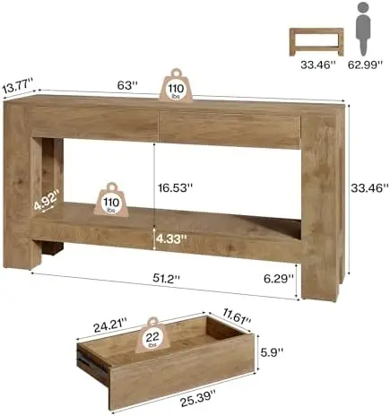 63 Inch Entryway Table with 2 Drawers, Farmhouse Console Table with Storage Shelf, Long Sofa Table Behind Couch for