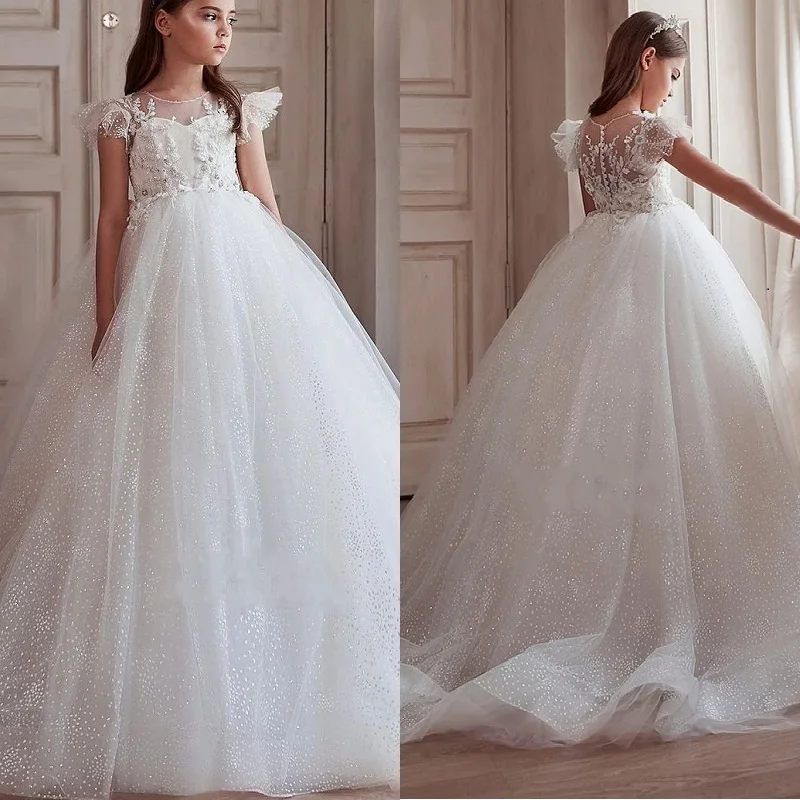 

New Flower Girl Dress Glitter Tulle Appliques Children Wedding Party Gown First Communion Dress