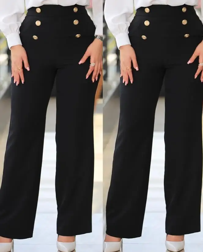 Elegant Women Pants Autumn Fashion Buttoned Straight Leg Work Pants Casual Basics Trousers Ladies 2023 New Female Clothing